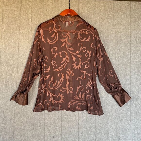 Victor Costa Occasion Brown Sheer Silk Satin Print Long Sleeve Tunic Top Size L - Picture 7 of 10